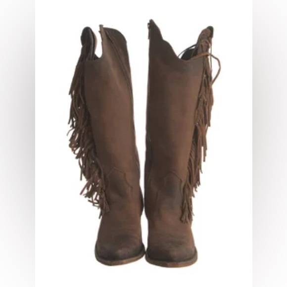 Like New, With Box Liberty Black Brown Fringe Trim Heeled Ophelia Cowboy Boots - Picture 7 of 17